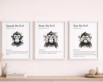 3枚のプリントセット 三猿、三猿、見ざる、聞かざる、言わざる アート