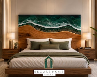Cabecero de cama de resina marina hecho a mano, cabecero de madera costera, tamaño king, muebles de dormitorio de lujo de resina epoxi, respaldo de cama de madera personalizado