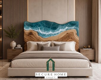 Handmade Ocean Wave Resin Bed Headboard Live Edge Wood & Epoxy Resin Headboard  Coastal Luxury King Queen Headboard Custom Bedroom Decor