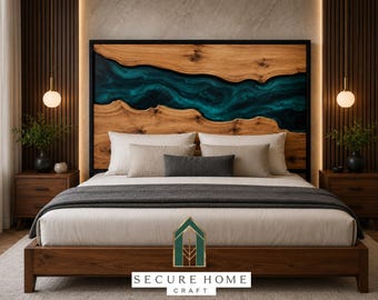 Cabecero de cama de río de resina epoxi color turquesa hecho a mano, cabecero de madera con borde natural, panel trasero de cama tamaño king personalizado, muebles de dormitorio modernos de lujo.