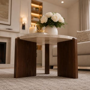 Puede incluir: Una mesa de centro redonda con una superficie de piedra de color claro con un acabado liso y pulido. La mesa se apoya sobre tres patas gruesas de madera de color marr&oacute;n oscuro dispuestas en tr&iacute;pode, proporcionando una base firme.
