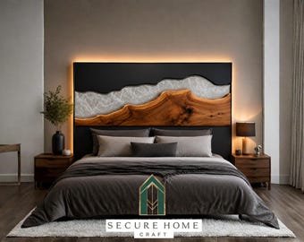 Cabecero de cama moderno hecho a mano en resina con detalles en madera natural. Panel de cabecero de lujo para montaje en pared. Decoración de dormitorio. Cabecero de madera personalizado.