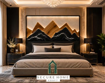 Cabecero de cama de resina con diseño de madera de montaña, hecho a mano, tamaño king, respaldo de cama de madera moderno, panel de pared de dormitorio de lujo, decoración de cabecero personalizada