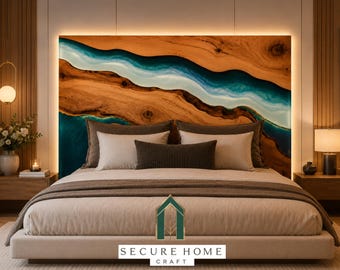 Cabecero de cama de resina epoxi azul hecho a mano, cabecero de madera con borde natural, muebles de dormitorio de lujo tamaño king, panel trasero de cama de resina personalizado