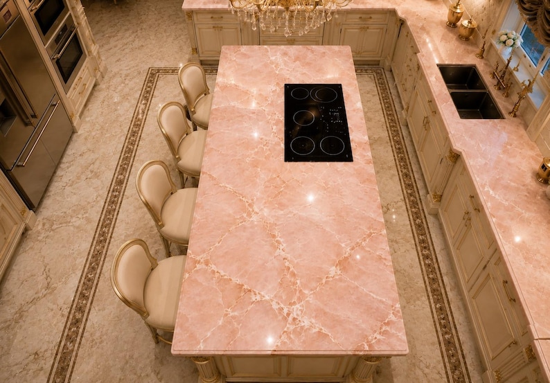 Îlot de cuisine en marbre rose, décoration de table en pierre naturelle image 3