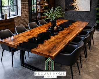 Mesa de comedor de lujo con resina epoxi negra, mesa de madera con borde natural, mesa de resina de nogal hecha a mano, mesa de comedor moderna, muebles a medida.
