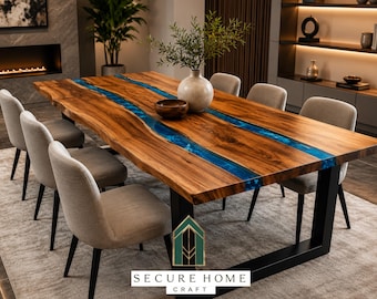 Mesa de comedor de lujo con resina epoxi azul, mesa de madera maciza de nogal hecha a mano con borde natural, mesa de conferencias personalizada, muebles modernos de resina.
