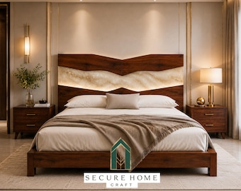 Cabecero de cama de resina de madera de lujo hecho a mano, cabecero moderno, muebles de dormitorio de madera de nogal, respaldo de cama de resina personalizado, decoración de dormitorio artesanal