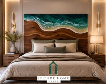 Cabecero de cama de resina marina hecho a mano, cabecero de madera costera, respaldo de cama tamaño king, cabecero de madera con borde natural, muebles de dormitorio de lujo