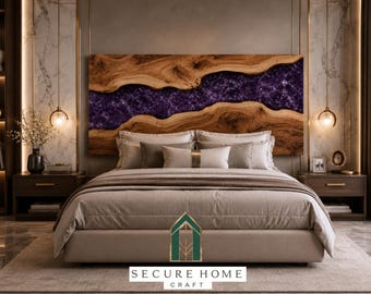 Handmade Purple Resin River Bed Headboard Live Edge Wood Headboard Luxury Wooden Headboard Modern King Queen Bedroom Decor