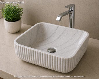 White Marble Square Vessel Sink Fluted Stone Wash Basin Modern Bathroom Vanity Sink