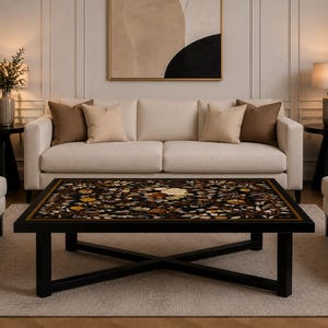 Table incrustée de marbre noir : Meuble de luxe en pierre ornée de motifs floraux faits main