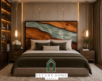 Handmade Live Edge Epoxy Resin Bed Headboard Solid Walnut Wood River Headboard Luxury Modern Headboard Custom Wood Bedroom Wall Decor