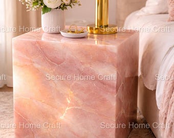 Designer Pink Marble Bedside Table Elegant Square Nightstand Luxury Modern Home Decor