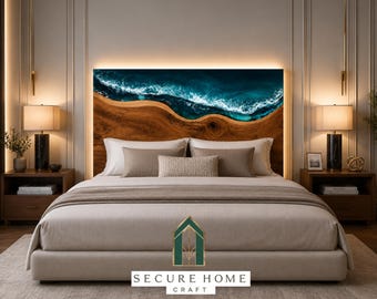 Handmade Ocean Wave Epoxy Resin Bed Headboard Live Edge Wood Headboard Coastal King Size Bed Back Panel Luxury Modern Bedroom Furniture