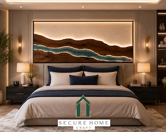 Cabecero de dormitorio artesanal con diseño de río, madera de nogal con borde natural y panel de vidrio azul, cabecero de lujo para dormitorio, diseño artesanal personalizado.