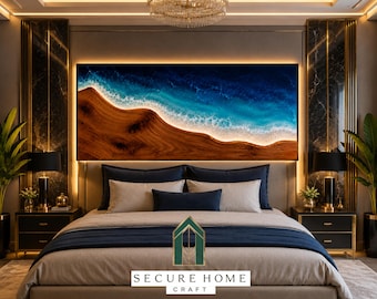 Cabecero de cama de resina epoxi con diseño oceánico y cabecero de madera natural hecho a mano. Panel de pared de lujo para dormitorio tamaño king. Decoración costera de cabecero de madera.