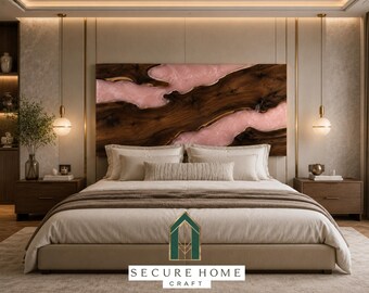Handgefertigtes Rosenquarz-Harz-Bett-Kopfteil Luxus-Holzkopfteil Rosa Kristall Epoxy Wandkopfteil Moderne King Queen Bett-Rückwand