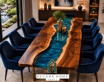 Mesa de comedor de lujo con resina epoxi azul y borde natural, hecha a mano, de nogal, mesa de conferencias de madera maciza a medida, muebles de comedor modernos de resina.
