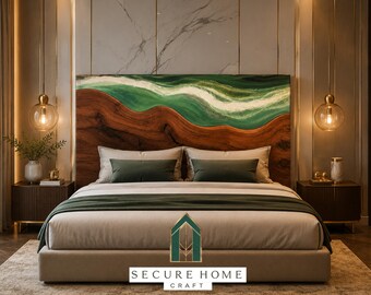 Handmade Green Ocean Wave Resin River Bed Headboard Live Edge Wood Headboard Luxury King Queen Wooden Headboard Modern Coastal Bedroom Decor