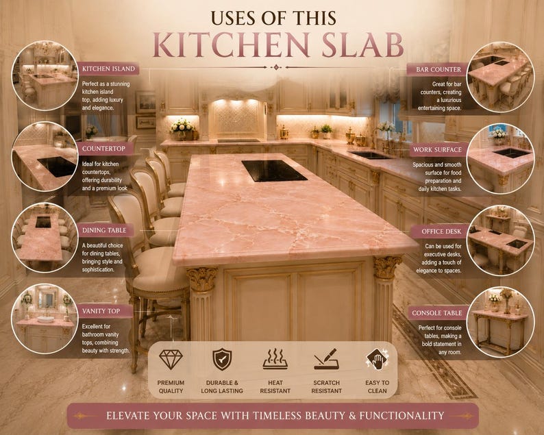 Îlot de cuisine en marbre rose, décoration de table en pierre naturelle image 8