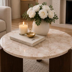 Puede incluir: Una mesa de centro redonda con una superficie de piedra beige y patas de madera marr&oacute;n oscuro. Sobre la mesa hay un jarr&oacute;n blanco acanalado con rosas blancas, una vela encendida en un vaso, un cuenco dorado y un libro titulado A Democracy of Imagery.
