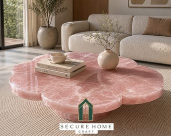 Mesa de centro de cuarzo rosa hecha a mano: Centro de mesa de lujo con forma de flor y piedras preciosas.