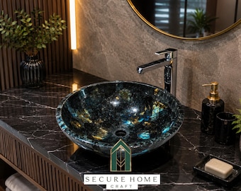 Lavabo de piedra labradorita hecho a mano: Lavabo de tocador de lujo con piedra preciosa
