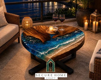 Mesa de centro de resina epoxi con diseño de olas oceánicas, muebles de resina con borde natural y estilo costero.