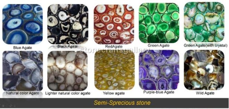 Puede incluir: Una colecci&oacute;n de diez baldosas cuadradas que muestran varios patrones de piedra &aacute;gata en colores azul, negro, rojo, verde, natural, amarillo y azul p&uacute;rpura. Cada baldosa presenta secciones transversales de piedra.