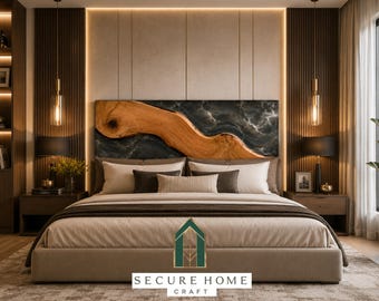 Handmade Live Edge Walnut Epoxy Resin Bed Headboard Luxury Black Resin Wood Headboard Modern King Queen Headboard Custom Bedroom Wall Decor