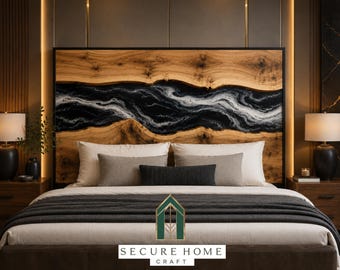 Cabecero de cama de río de resina epoxi negra hecho a mano, cabecero de madera con borde natural, panel trasero de cama tamaño king personalizado, muebles de dormitorio modernos de lujo.