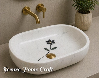 Lavabo de mármol blanco con incrustaciones florales, lavabo de piedra hecho a mano, lavabo de baño de lujo.