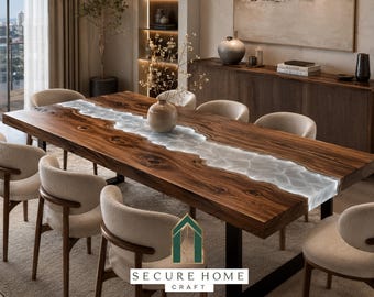 Mesa de comedor de lujo blanca con resina epoxi, mesa de madera natural hecha a mano, mesa de comedor moderna de madera maciza, mesa de conferencias de resina personalizada.