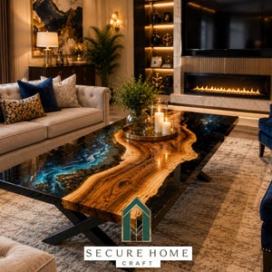 Puede incluir: Una mesa de centro rectangular con una pieza central de madera de borde natural, rodeada de resina negra brillante con un diseño de río azul y blanco. La mesa se apoya en una base de metal negro en forma de X e incluye el logo SECURE HOME CRAFT.