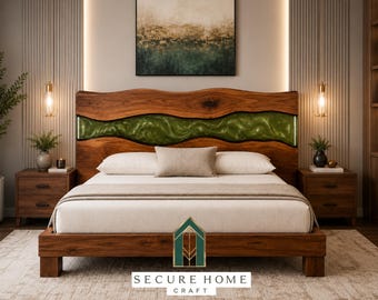 Cabecero de cama de río de resina epoxi verde hecho a mano, cabecero de madera con borde natural, panel trasero de cama de lujo tamaño king, muebles de dormitorio rústicos personalizados