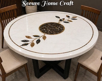 Tablero de mesa de comedor de mármol blanco con incrustaciones florales, mesa redonda de piedra hecha a mano, muebles de mármol de lujo para decoración.