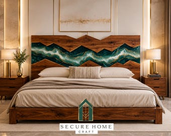 Cabecero de cama geométrico de resina hecho a mano, cabecero de lujo de madera tamaño king, muebles de dormitorio modernos de resina epoxi, respaldo de cama de nogal personalizado