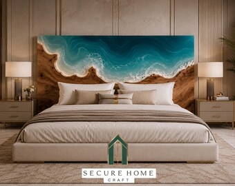 Cabecero de cama de resina y madera con diseño de olas oceánicas hecho a mano, cabecero de resina epoxi con borde natural, cabecero de lujo para camas king y queen, decoración de dormitorio personalizada.