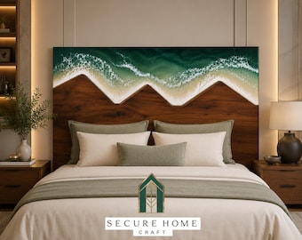 Cabecero de cama de resina con forma de ola oceánica hecho a mano, cabecero de madera con forma de montaña, panel trasero de cama king size costero, muebles de dormitorio modernos de lujo
