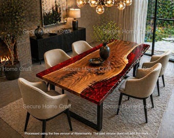 Mesa de comedor Premium Resin River, pieza artística que destaca por su madera y resina epoxi roja.