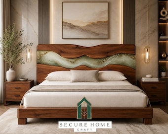 Cabecero de cama de río de resina epoxi hecho a mano con cabecero de madera maciza de nogal, cabecero de madera de lujo, muebles de dormitorio modernos personalizados, cabecero artesanal.