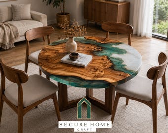 Luxury Turquoise Epoxy Resin Round Coffee Table Handmade Wood River Table Ocean Inspired Resin Furniture Custom Artisan Living Room Decor
