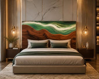 Cabecero de cama de resina con diseño de olas oceánicas verdes hecho a mano, cabecero de madera con borde natural, cabecero de lujo para cama king y queen, decoración moderna para dormitorio de estilo costero.