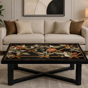 Plateau de table basse incrusté de marbre noir : Incrustation de pierre de luxe réalisée à la main