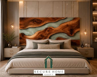 Cabecero de cama de río de resina verde salvia hecho a mano, cabecero de madera con borde natural, cabecero de madera de lujo tamaño king/queen, decoración moderna para la pared del dormitorio