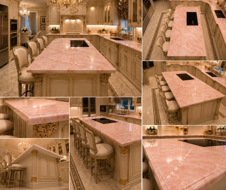 Îlot de cuisine en marbre rose, décoration de table en pierre naturelle image 7