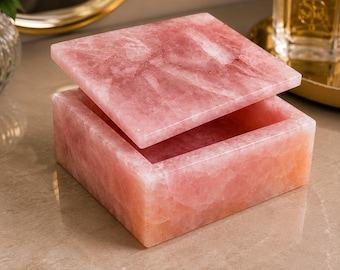 Boîte à bijoux rectangulaire en quartz rose Boîte de rangement en cristal de pierre rose
