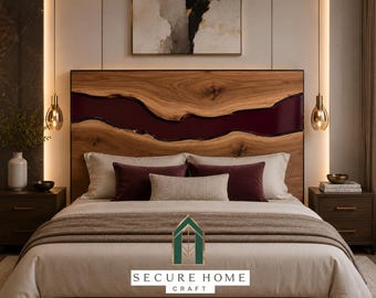 Handmade Live Edge Burgundy Epoxy Resin Bed Headboard Solid Wood Headboard Luxury Modern King Queen Headboard Rustic Bedroom Wall Decor