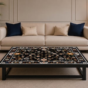 Luxury Black Marble Inlay Table : Handmade Pietra Dura Coffee Table